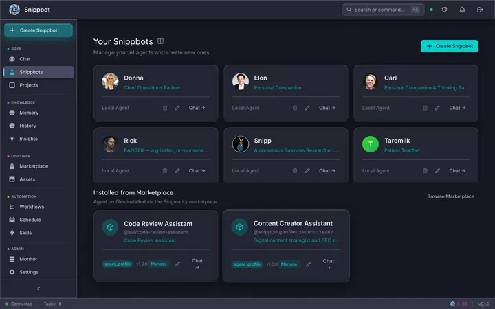 Snippbot agents list showing configured agents