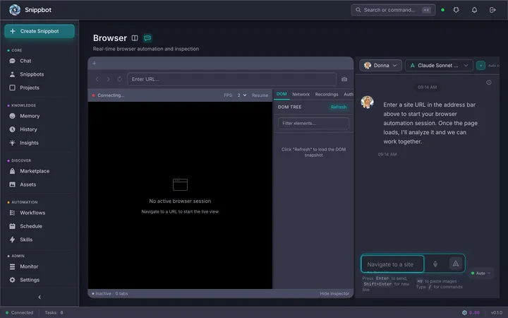 Snippbot browser automation panel showing CDP connection and live viewport