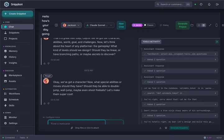 Snippbot chat interface showing an agent executing tasks with a real-time tool activity timeline