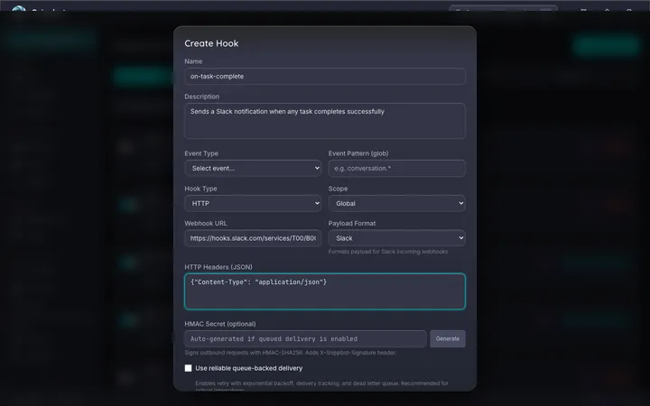 HTTP hook configuration form with webhook URL, payload format, and HMAC settings