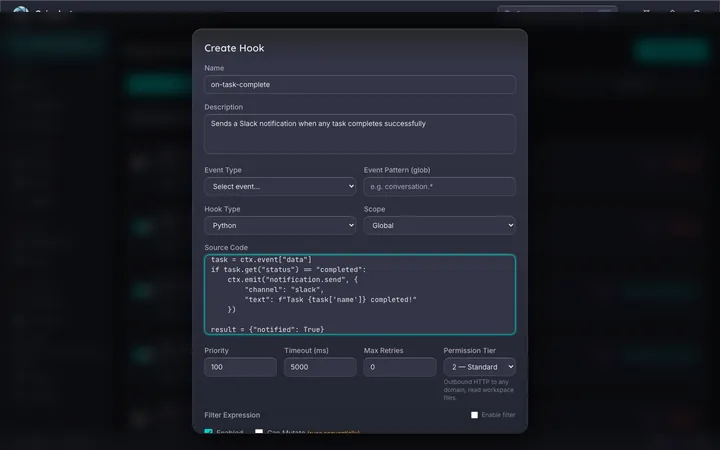 Python hook code editor with event context and sandbox execution