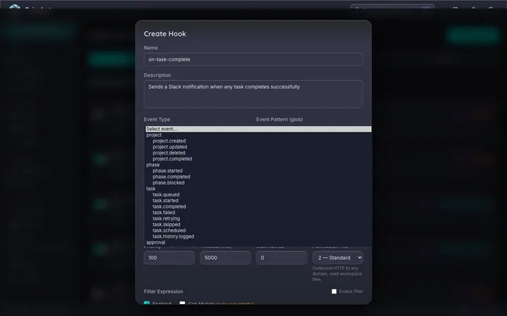 Hook event types grouped by category in the subscription dropdown