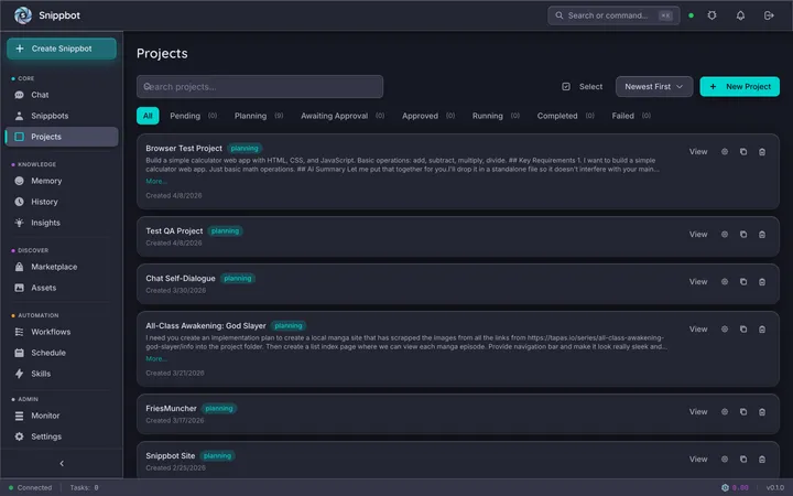 Snippbot projects page showing active projects with status, phases, and task progress