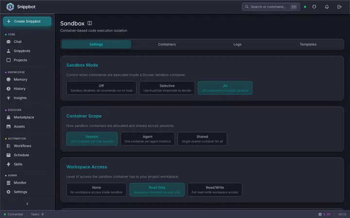 Sandbox configuration page with mode, scope, and workspace access settings
