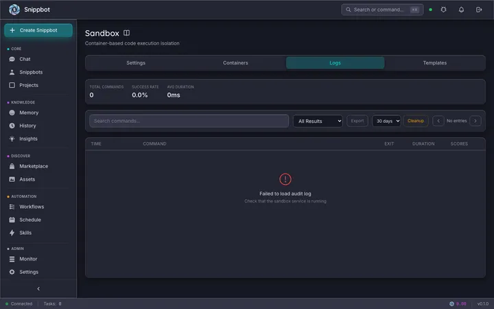 Sandbox Logs tab showing the execution audit log interface