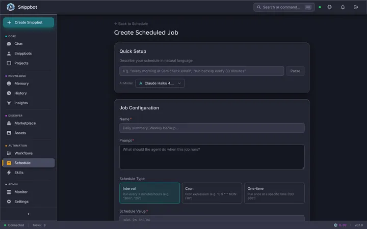 Snippbot scheduler new job creation dialog with schedule type, agent, and goal fields