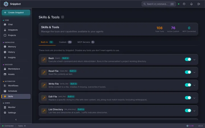 Snippbot skills catalog showing available MCP servers organized by category