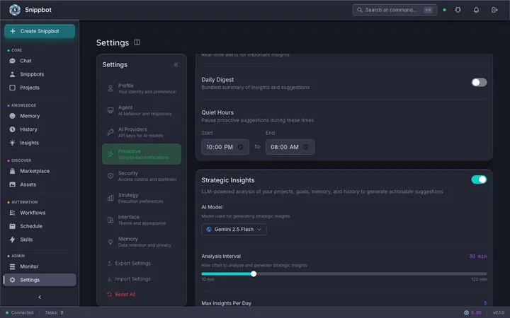 Autonomous thinking settings panel with interval, daily cap, and quiet hours configuration