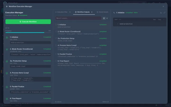 Workflow run panel showing step-by-step execution progress