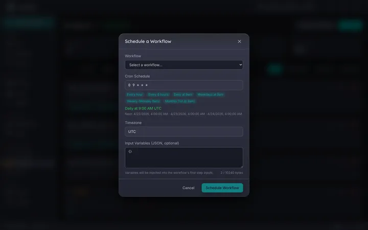Workflow schedule form with cron expression and timezone selection